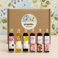   Selection Box of oils and vinegars (grapeseed, walnut, pumpkin seed oil + apricot-elderberry, rosehip, sour cherry balsamic vinegar) 6x40 ml