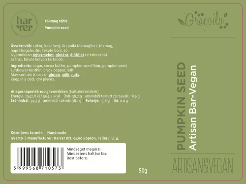 HARRER & GRAPOILA PUMPKIN SEED VEGAN BAR, 50 g