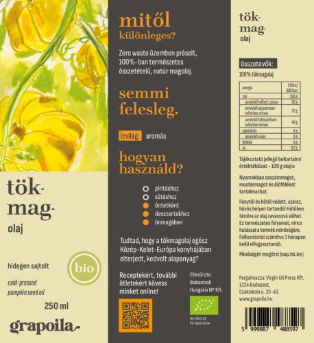 Tökmagolaj (héj nélkül sajtolt) BIO 250 ml